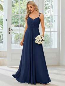 EVERPRETTY Elegant Spring Chiffon Backless Floral Embroidered Navy Blue Bridesmaid Dress, Suitable For Wedding Wear - Navy Blue - View 6