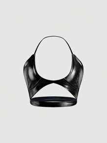 SHEIN Unity 女士純色露背鉤花領上衣 - 黑色 - 查看 1