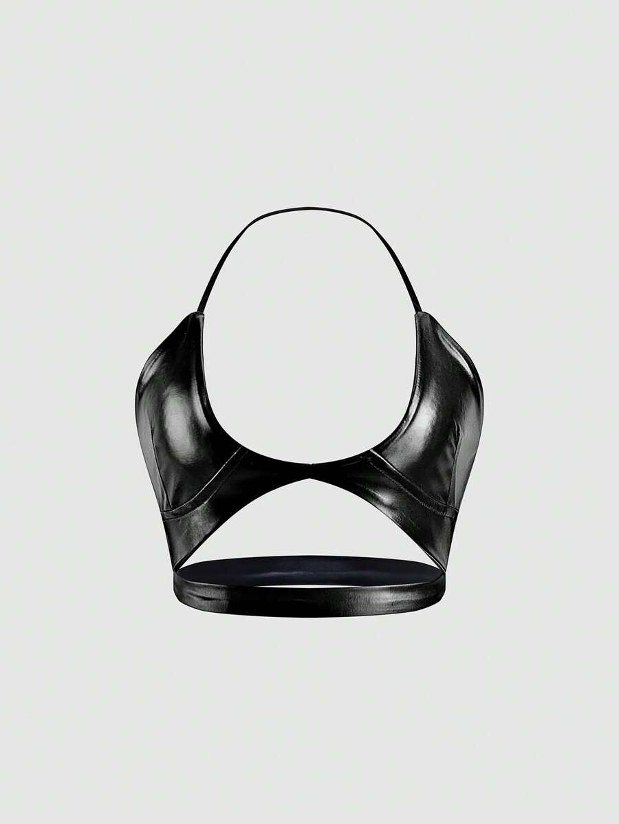 SHEIN Unity 女士純色露背鉤花領上衣 - 黑色 - 查看 1