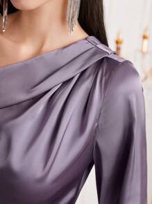 Modelyn 女士不对称领口灯笼袖美人鱼连衣裙长款晚礼服 - 淡紫色 - 查看 7