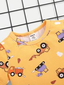 SHEIN Dziecko Chłopcy Kreskówki Samochód Wzór Okrągły Dekolt Krótki Rękaw Topy I Zestaw majtek