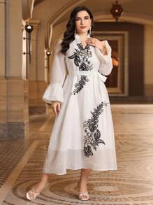 Al Najma Plus Size Floral Sequin Notch Neck Bell Sleeve Dress Kaftan Jalabiya Dress - White - View 1