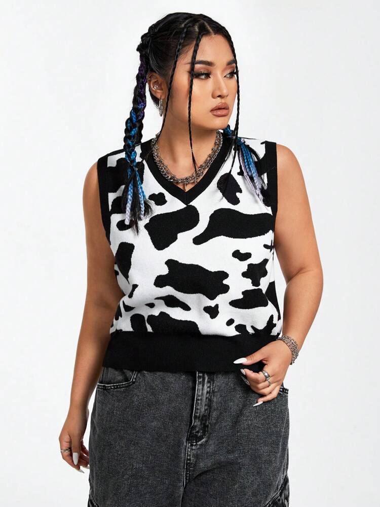 Casual Plus Size Women's Knitted Cow Print Jacquard Sleeveless Top