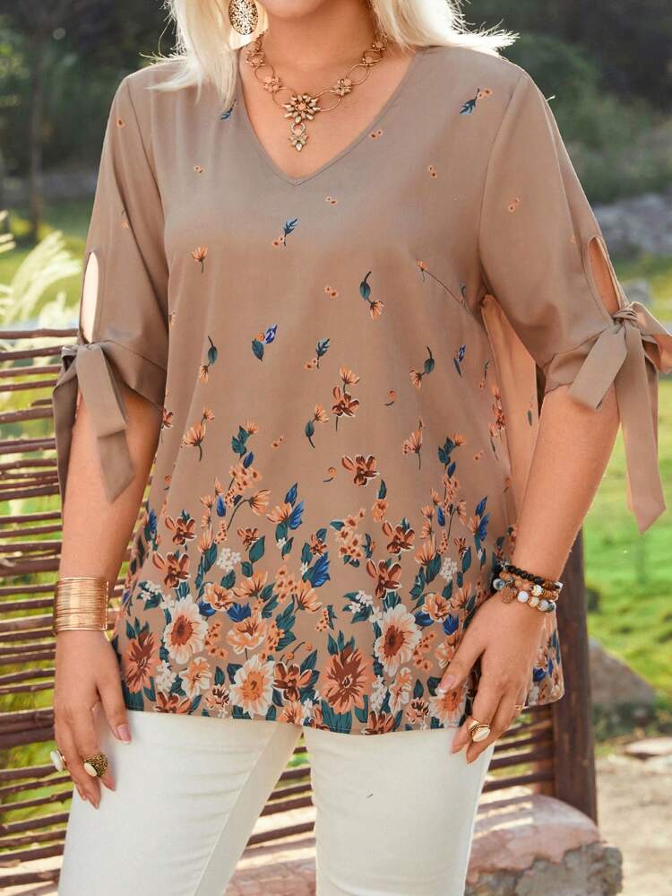 Plus Size V-Neck Knot Cuff Blouse