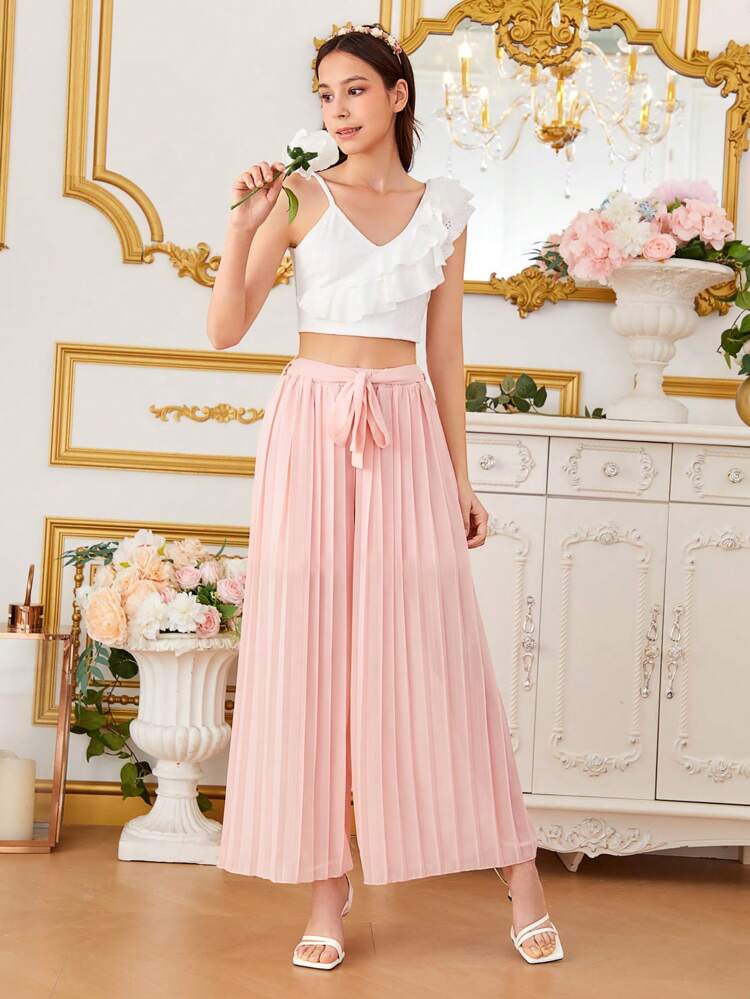 Asymmetrical Neck Ruffle Trim Crop Top & Pleated Belt Wide Leg Pants