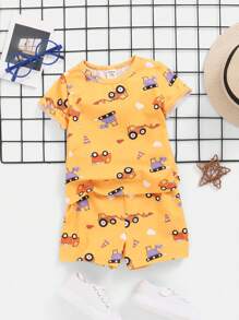SHEIN Dziecko Chłopcy Kreskówki Samochód Wzór Okrągły Dekolt Krótki Rękaw Topy I Zestaw majtek