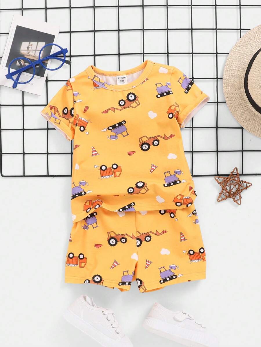 SHEIN Dziecko Chłopcy Kreskówki Samochód Wzór Okrągły Dekolt Krótki Rękaw Topy I Zestaw majtek
