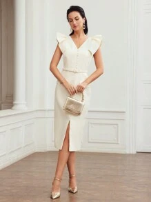 MOTF PREMIUM WOVEN WOMEN'S RUFFLE ARMHOLE FLAP DETAIL SPLIT HEM DRESS - Beige - View 8