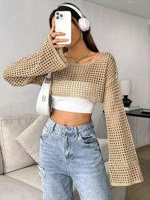 SHEIN Unity Của phụ nữ Vòng cổ Thả vai Tay áo dài Xu hướng: Cắt giảm Quần skinny Áo len - Lạc đà - Xem 4