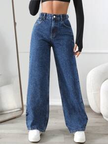Women's Denim Pants With Pockets - Dark Wash - View 1