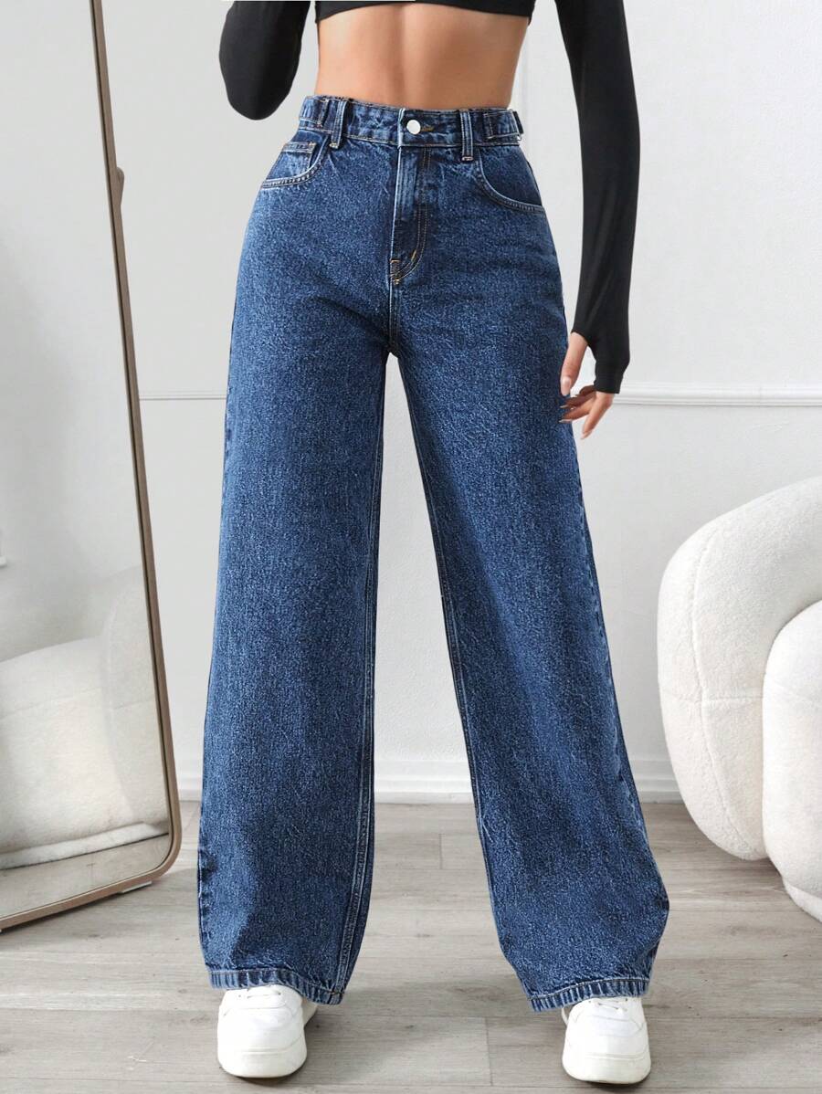 Women's Denim Pants With Pockets - Dark Wash - View 1