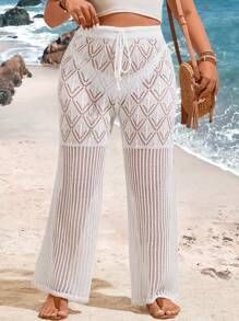 Flirla Plus Size Women's Drawstring Waist Hollow Out Knitted Beach Pants - White - View 6