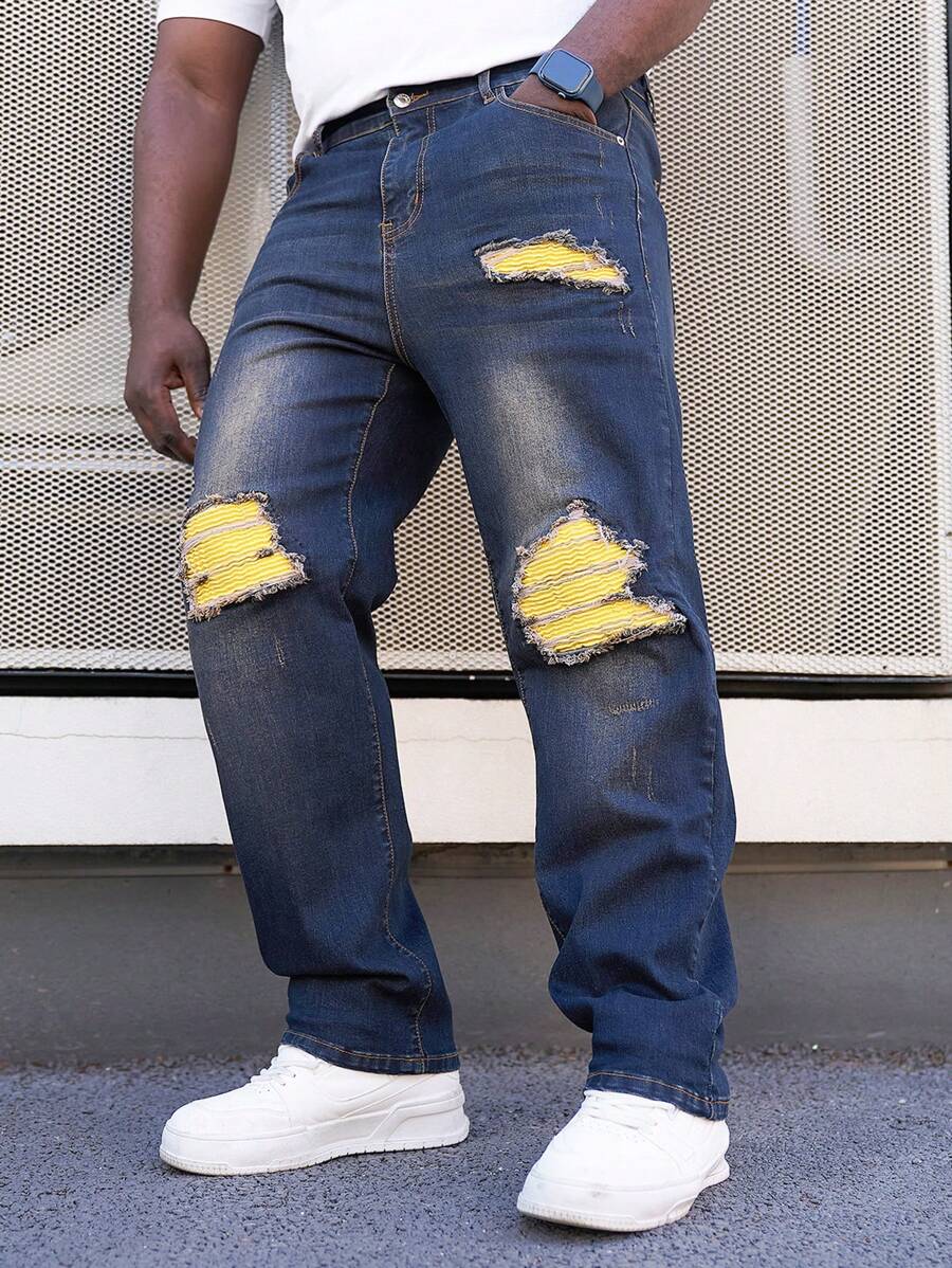 Manfinity Roughcore 男士加大號破洞水洗牛仔褲 - 藍色 - 查看 1