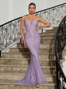 SHEIN Belle 時尚女式魚尾風格閃光蕾絲吊帶晚會吊帶連身裙 - 紫色 - 查看 6