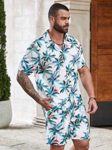 Manfinity RSRT Men Plus Coconut Tree Print Shirt And Shorts Casual 2-Piece Set - White - View 4
