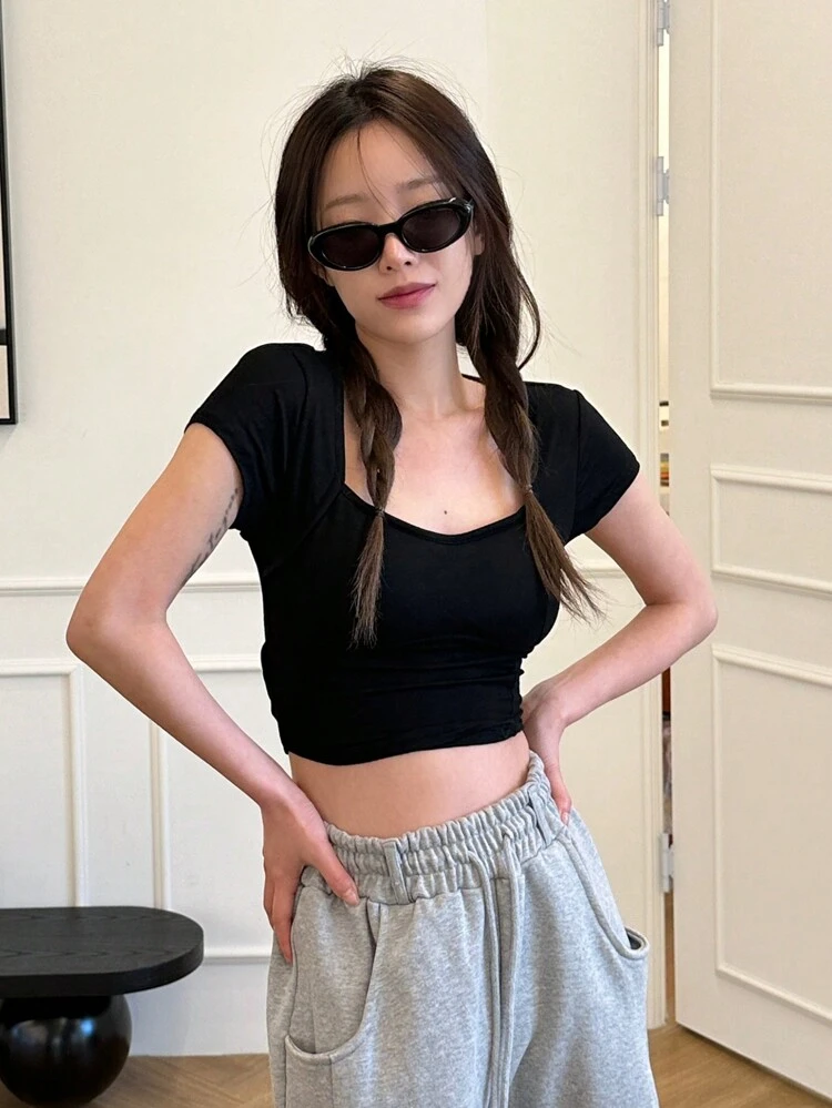 Solid Color Sweetheart Neck Short Sleeve T-Shirt For Women