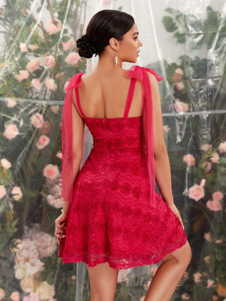 Floral 3d Effect Shoulder Knot Detail Dress