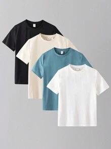 SHEIN 4入組寬鬆版型大學風純色短袖針織t卹套裝,適用於青少年男孩 - 彩色 - 查看 1