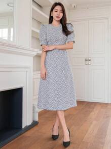 DAZY 女用格紋圓領短泡泡袖泡泡洋裝 - 灰色 - 查看 3