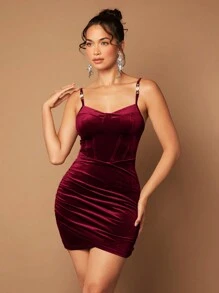 SHEIN BAE 鏈條細節褶邊絲絨緊身連衣裙 - 紫紅色 - 查看 1