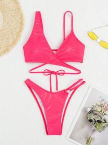 SHEIN Swim 玫红色pu性感两件套比基尼套装交叉比基尼套装泳装泳衣沙滩装夏日度假夏日海滩 - 玫紅色 - 查看 3