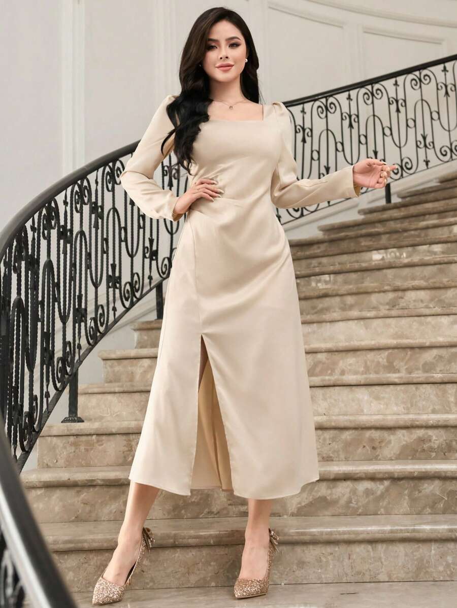 DAZY 女士泡泡袖开衩连衣裙，秋季连衣裙长袖连衣裙 - 杏色 - 查看 1