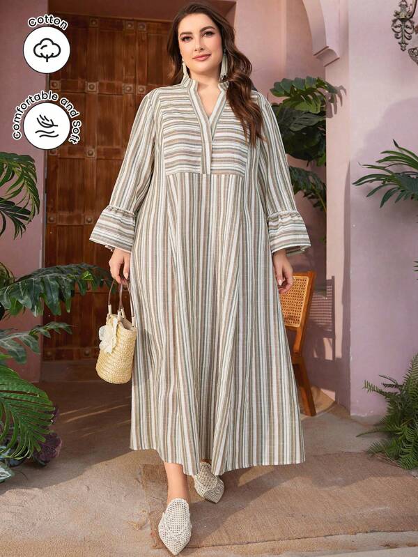 Al Najma Plus Size Notched Neck Bell Sleeve Striped Dress Maxi Women Outfit