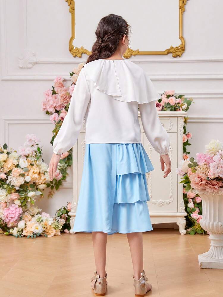 Tween Girls' Asymmetrical Ruffle Edge Decorated Button Long Sleeve Shirt And Decorated Button Layered Cake Skirt Two Piece Set