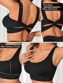 SHEIN Yoga Sxy 网眼撞色无袖运动背心，带字母印花健身背心 - 黑色 - 查看 2