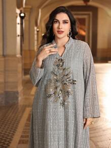 Al Najma 大码女式阿拉伯风格长款灯笼袖串珠拼接素雅连衣裙，卡夫坦