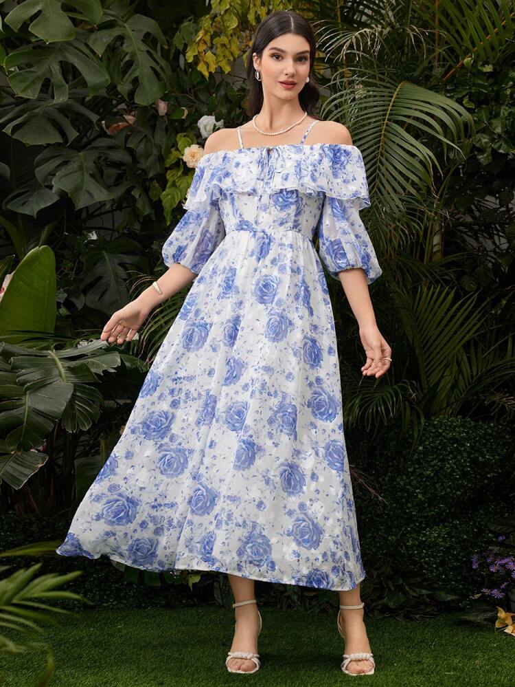 Women's Off-Shoulder Floral Printed Dress With Ruffled Hem
