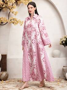 Al Najma Arabic Style Long Sleeve Dress With Paisley Print - Pink - View 4