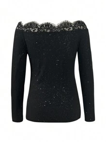 SHEIN Unity 女士露肩銀箔印花蕾絲拼接t恤 - 黑色 - 查看 2