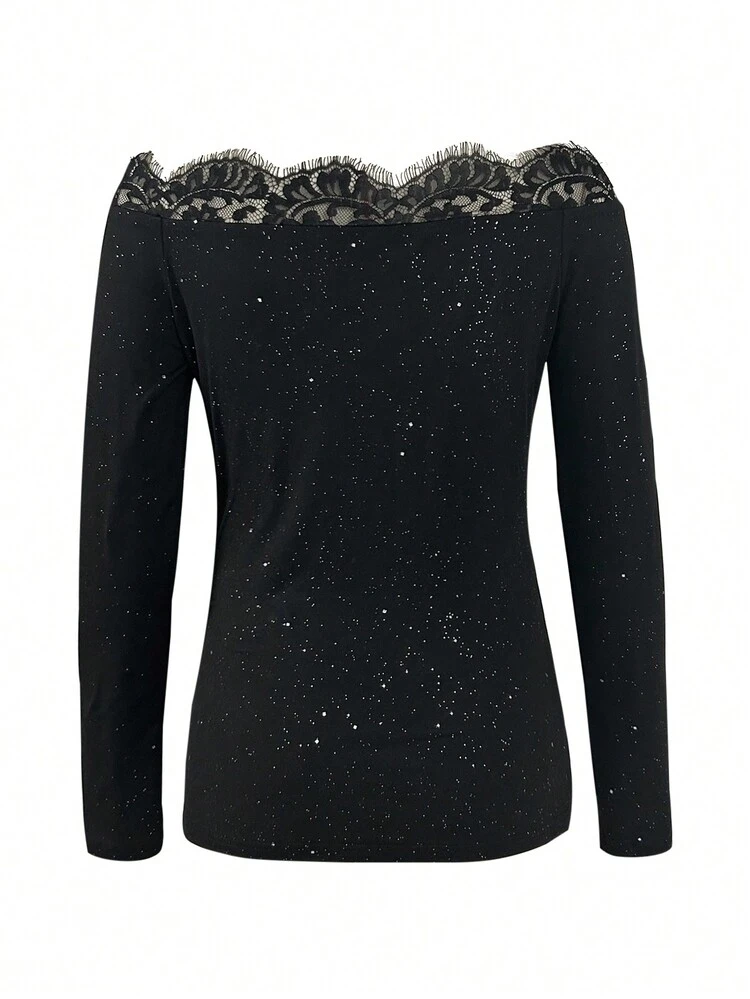 Ladies' Off Shoulder Lace Patchwork Tee Shirt With Silver Foil Print