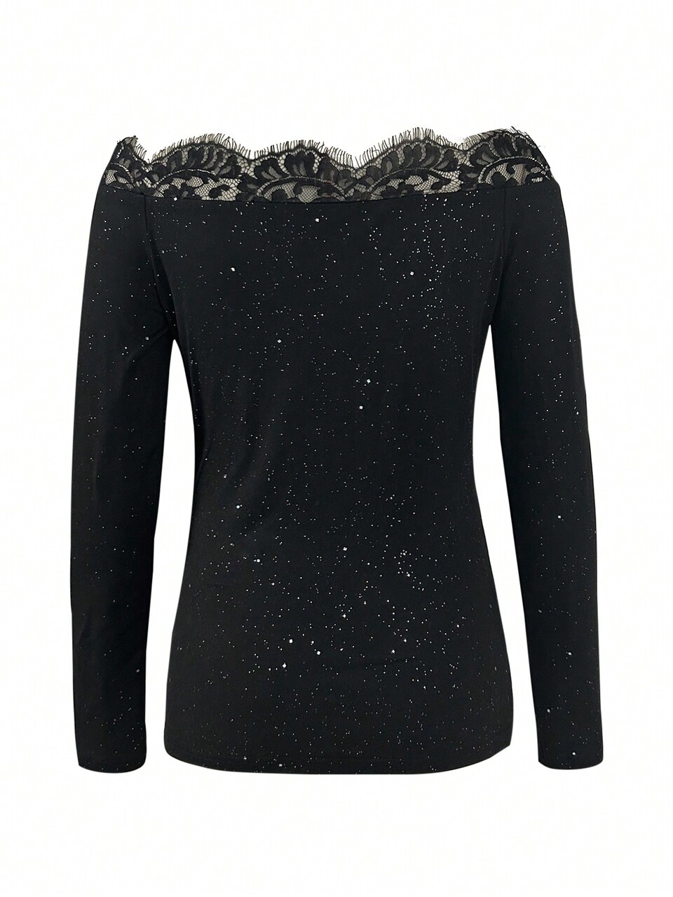 Ladies' Off Shoulder Lace Patchwork Tee Shirt With Silver Foil Print