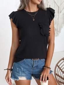 SHEIN LUNE 女士修身短款盖袖罗纹 T 恤 - 黑色 - 查看 5