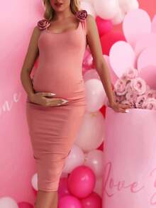 SHEIN 孕婦優雅浪漫派對緊身無袖裙,帶有3d花卉裝飾 - 粉色 - 查看 7