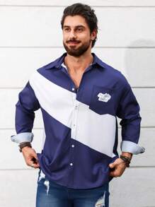 Manfinity Homme Camisa De Manga Larga Para Hombre Con Bloqueo De Color - Azul - Ver 4