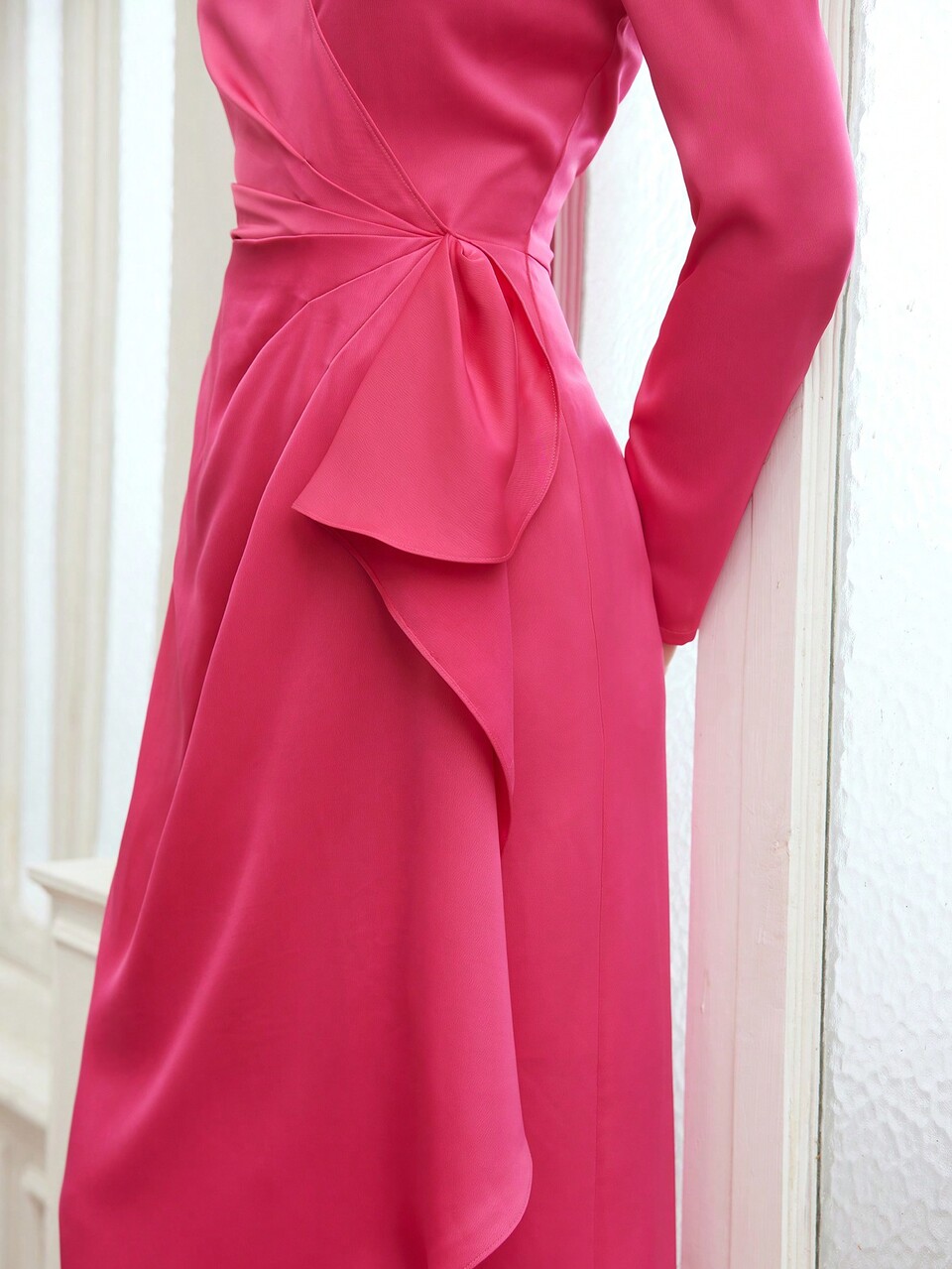 WOVEN SURPLICE NECK RUFFLE TRIM DRESS FOR WOMEN
