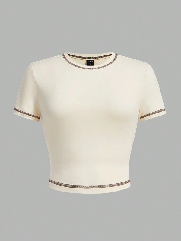 SHEIN EZwear 休闲拼色圆领短袖短款修身女式 T 恤，适合夏季