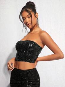 SHEIN BAE Fashion Party Sequin Zip Back Tube Top - Black - View 3