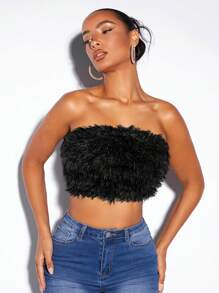 SHEIN BAE Solid Fuzzy Crop Tube Top - Black - View 1