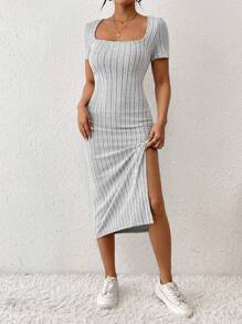 SHEIN Frenchy Women's Square Neck Slim Fit High Split Square Neck Texture Fabric Summer Dress