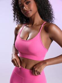 Easithlete Women's Cut Out Crop Top And Pants Fitness Set - Hot Pink - View 5