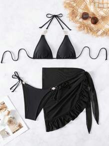 SHEIN Swim Women'S Colorful Gemstone Design Halter Neck Tie Side Bikini Set With Swim Skirt Summer - Black - View 4