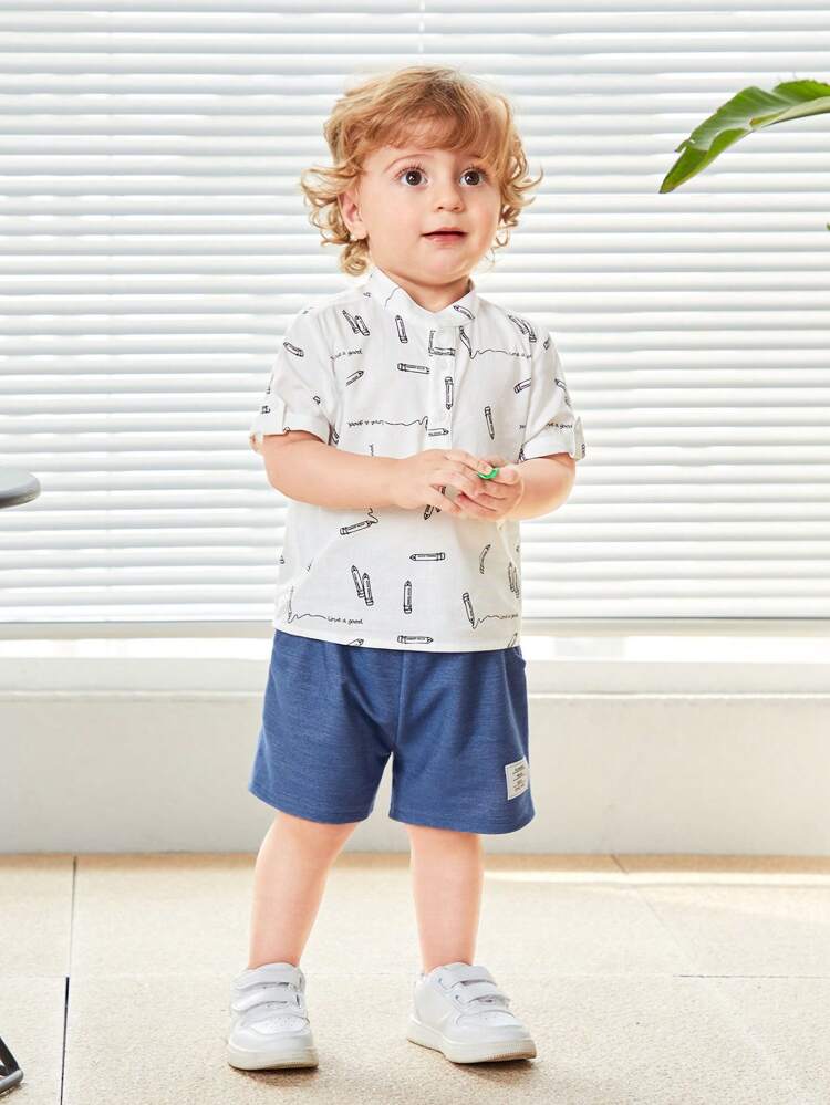 Unisex Baby Casual Cartoon Fun Pattern Short Sleeve Shirt Solid Color Shorts Set