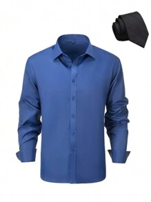 男士纯色休闲长袖纽扣正装衬衫，含领带，适合婚礼派对舞会皇家蓝色 XS-3XL 码 - 寶藍色 - 查看 1