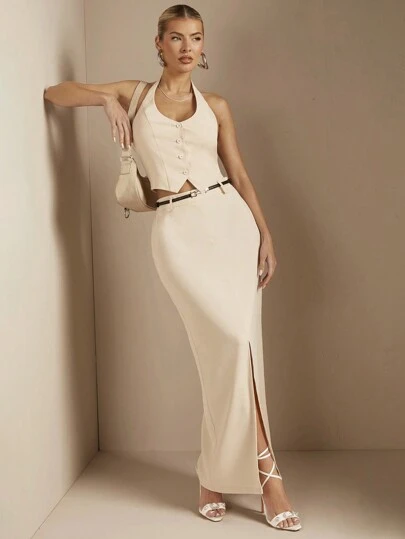 SHEIN BAE Women's Sleeveless Halter Top & High Slit Straight Skirt Suit Set With Belt Decoration In Fall/Winter