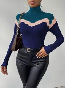Chiquease Women's Slim Fit High Neck Color Block Sweater, Knit Pullover Fall Winter - Blue - View 6