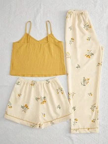 CottageSlumber 3 cái/bộ Của phụ nữ Hoạt bát Màu sắc & In thực vật Bộ mặc nhà - Màu vàng - Xem 2
